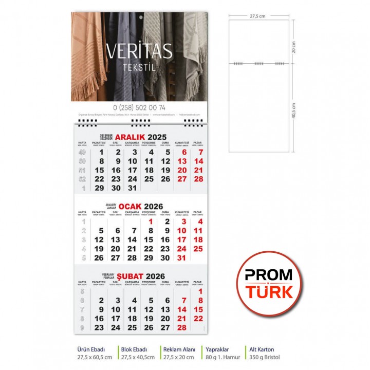 Promosyon Gemici Takvimi 27,5x60,5 cm Üç Aylık Spiralli